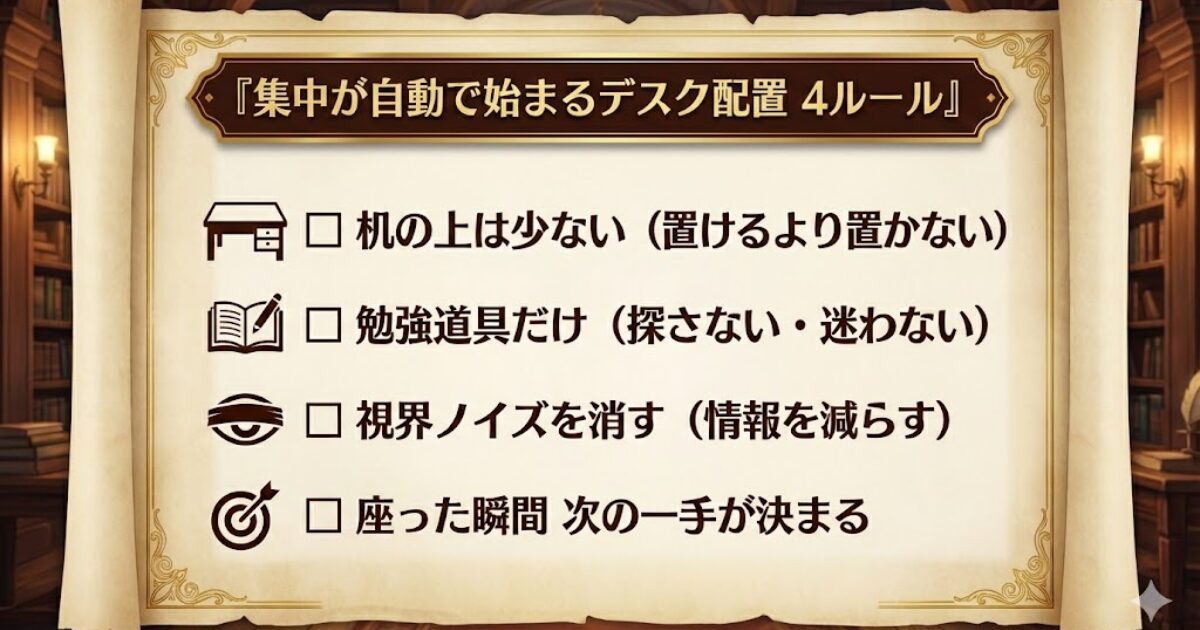 集中が自動で始まるデスク配置の4ルール（物を減らす・勉強道具だけ・視界ノイズ削減・次の一手を固定）
