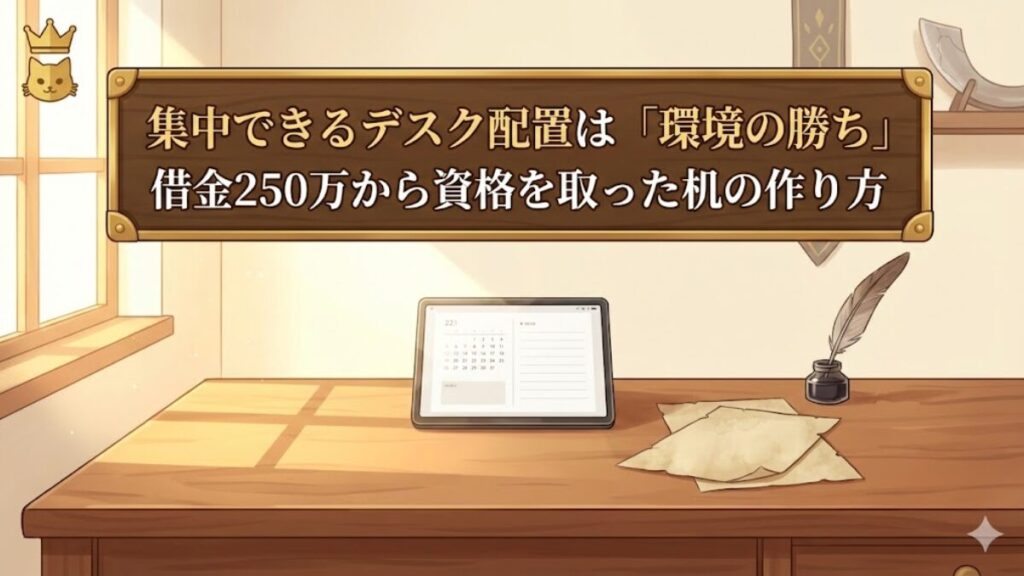 朝の光が差すデスクにタブレット・紙・ペンだけを置いた「環境の勝ち」を示すアイキャッチ