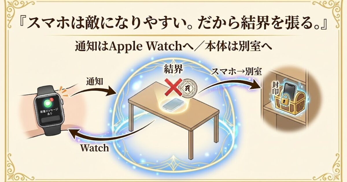 スマホを別室に置き、通知はApple Watchで受ける「スマホ結界」の図解