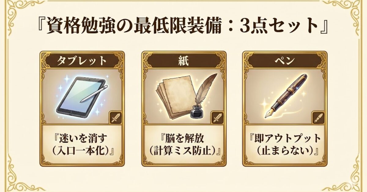 資格勉強の最低限装備「タブレット・紙・ペン」の3点セット図解