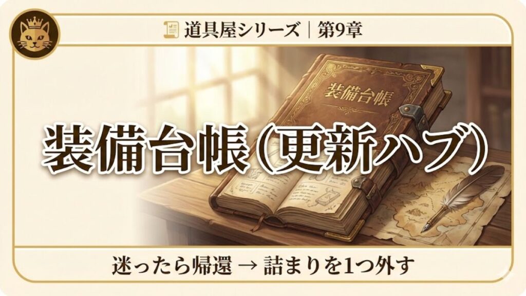 道具屋第9章の装備台帳（更新ハブ）を表す、台帳と装備地図のイメージ