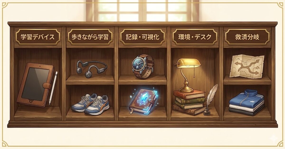 道具屋の装備をカテゴリ別に整理した棚のイメージ（学習・歩行・可視化・環境など）