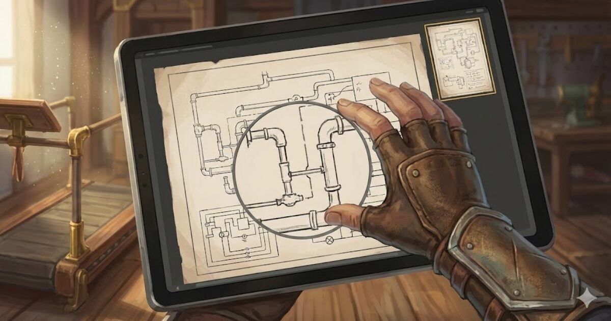 タブレットで配線図や配管図のPDFを拡大しながら読むイメージ