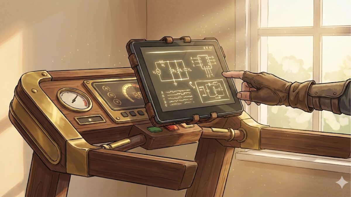 ランニングマシンに固定したタブレットで歩きながら資格勉強する様子