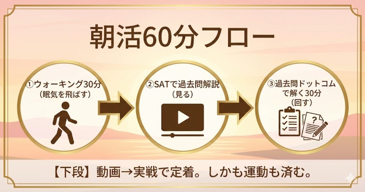 朝活60分の学習ループ（歩き30分でSAT解説→机30分で過去問ドットコム実戦）の図解