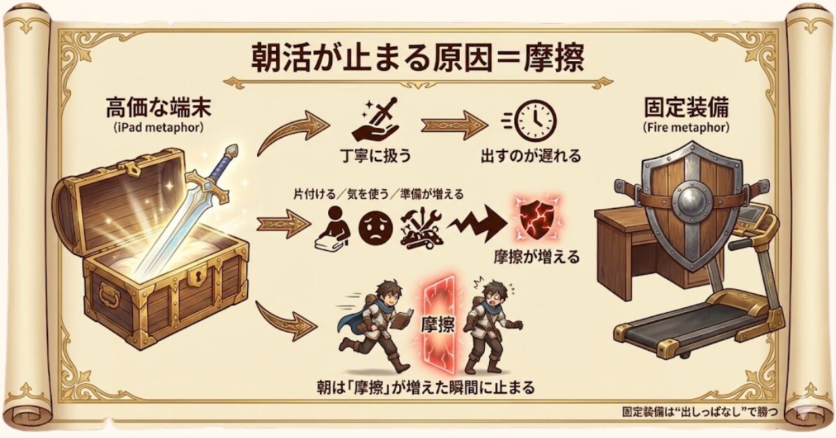 朝活で継続を止める摩擦（準備・気遣い・取り出す手間）を減らす考え方の図解