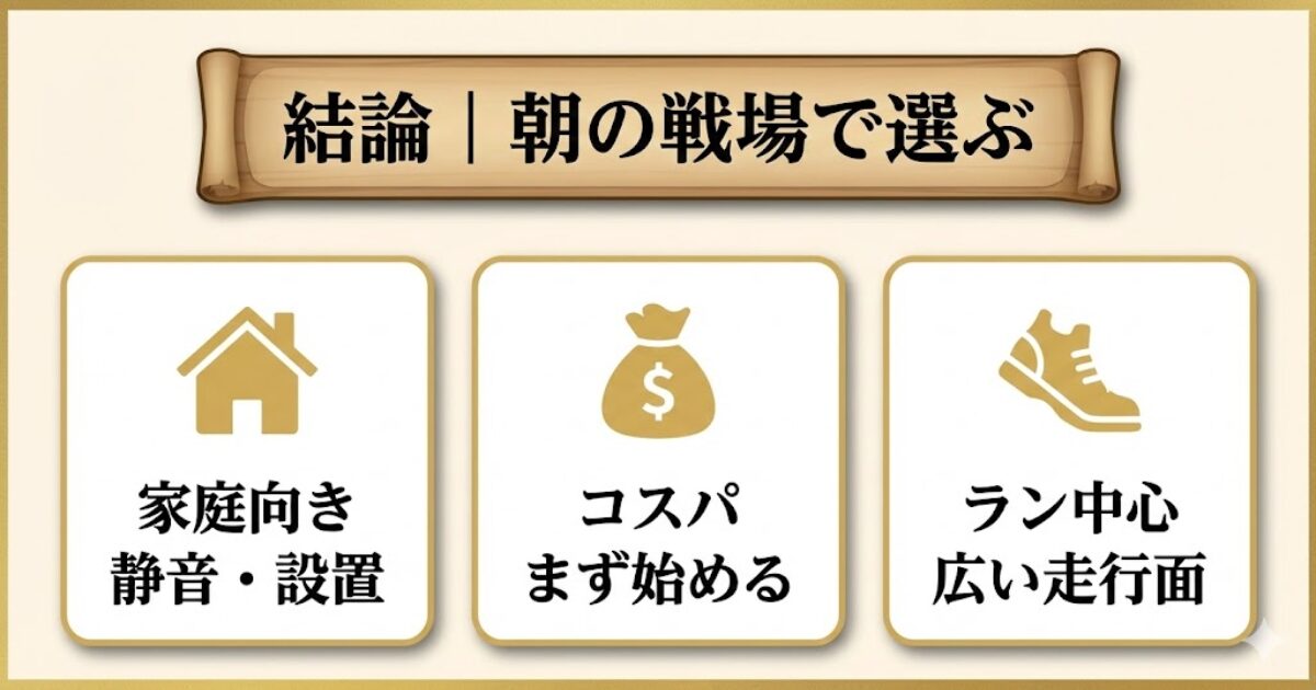 ルームランナーを家庭向き・コスパ・ラン中心の3タイプで選ぶ結論カード