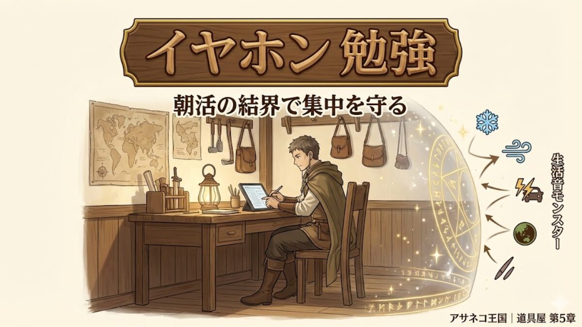 イヤホン 勉強｜朝活の結界で集中を守る（アサネコ王国・道具屋第5章）