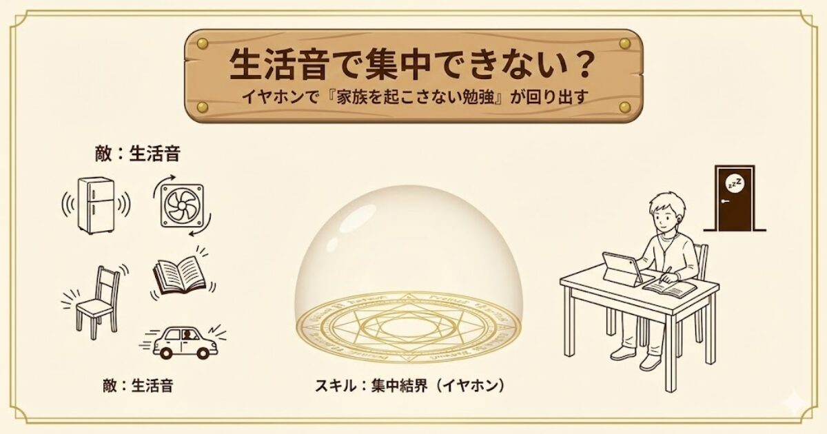 生活音で集中できない？イヤホンで家族を起こさない勉強が回り出す（結界図解）