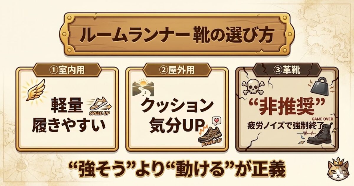 ルームランナー 靴の選び方｜室内用・屋外用・革靴（非推奨）の使い分け