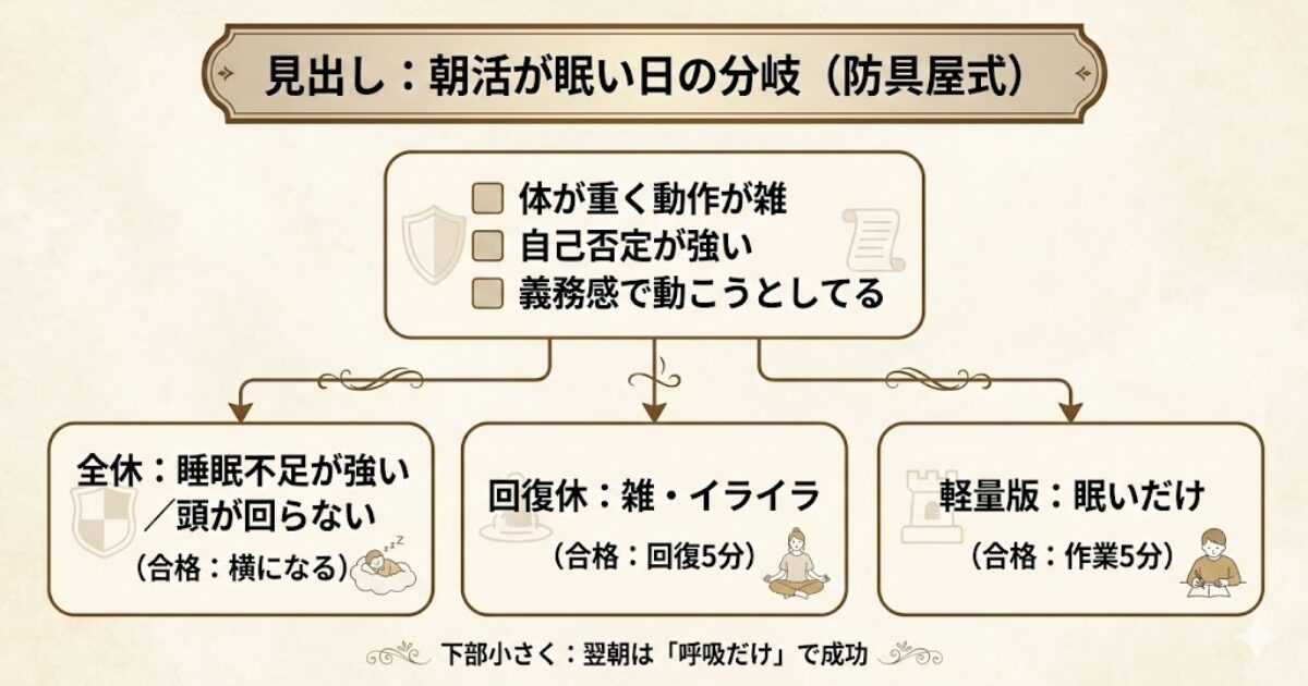 朝活が眠い日の分岐（全休・回復休・軽量版）を整理した判断フロー図