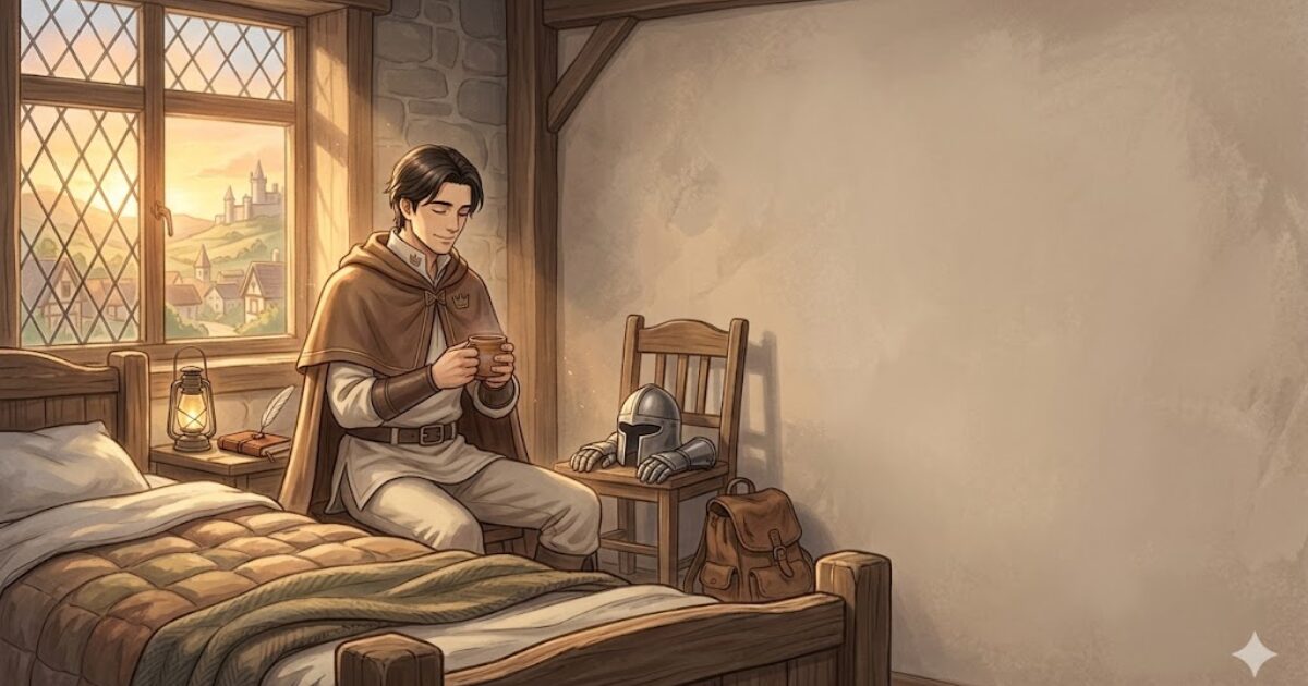 眠い朝に立ち止まり休息を選ぶ冒険者リクルド