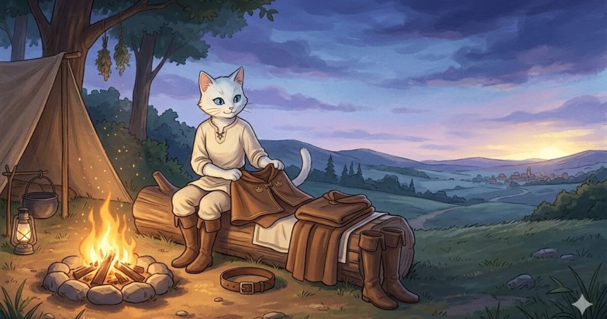 焚き火のそばで装備を整え休息するミーナ