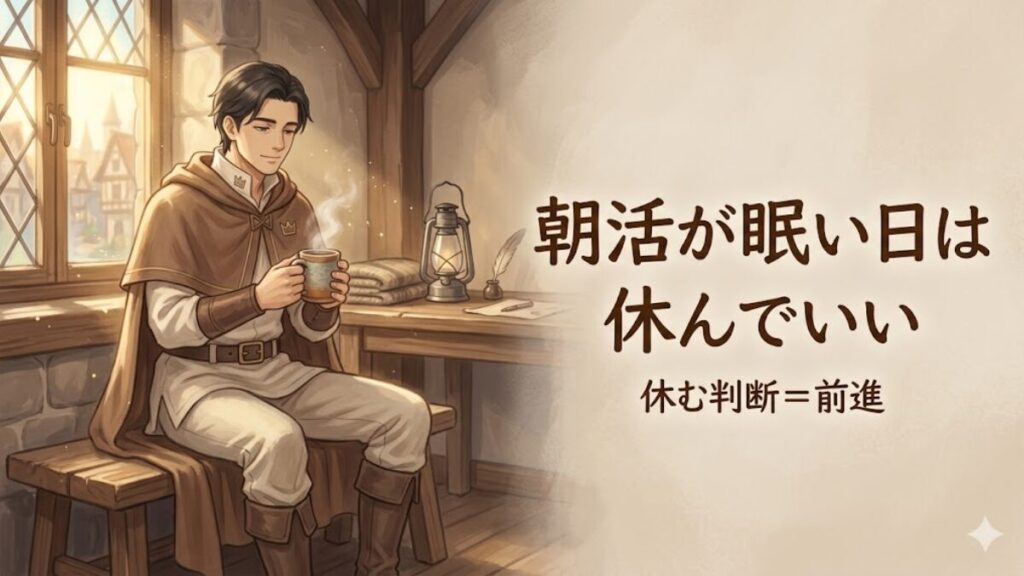 朝の光の中で温かい飲み物を手に休息を選ぶ冒険者