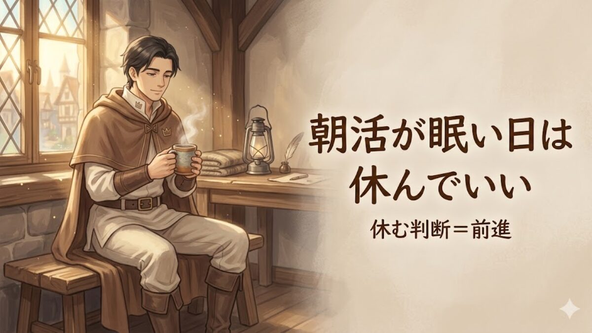 朝の光の中で休息を選ぶ冒険者リクルド。朝活が眠い日の『休む判断＝前進』を象徴するアイキャッチ