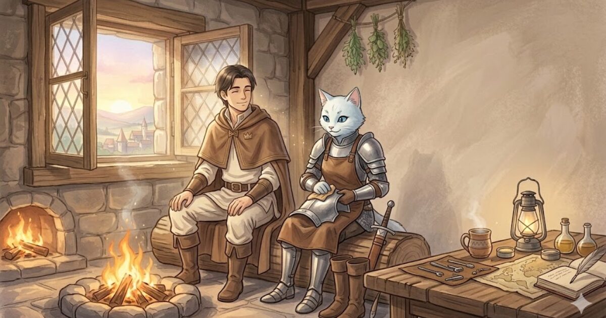 焚き火の前で落ち着き回復して前を向くアサネコ王国の仲間たち