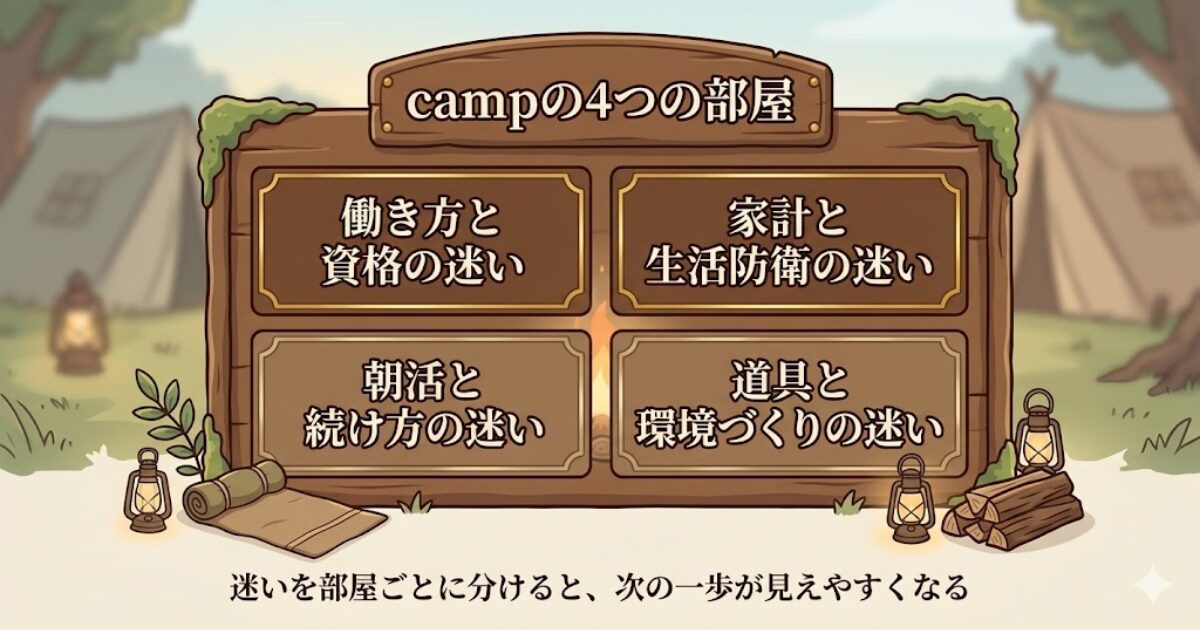資格コンプレックスから40代の生き残り整理を経て武器屋へ進む主力導線を木札で示した図