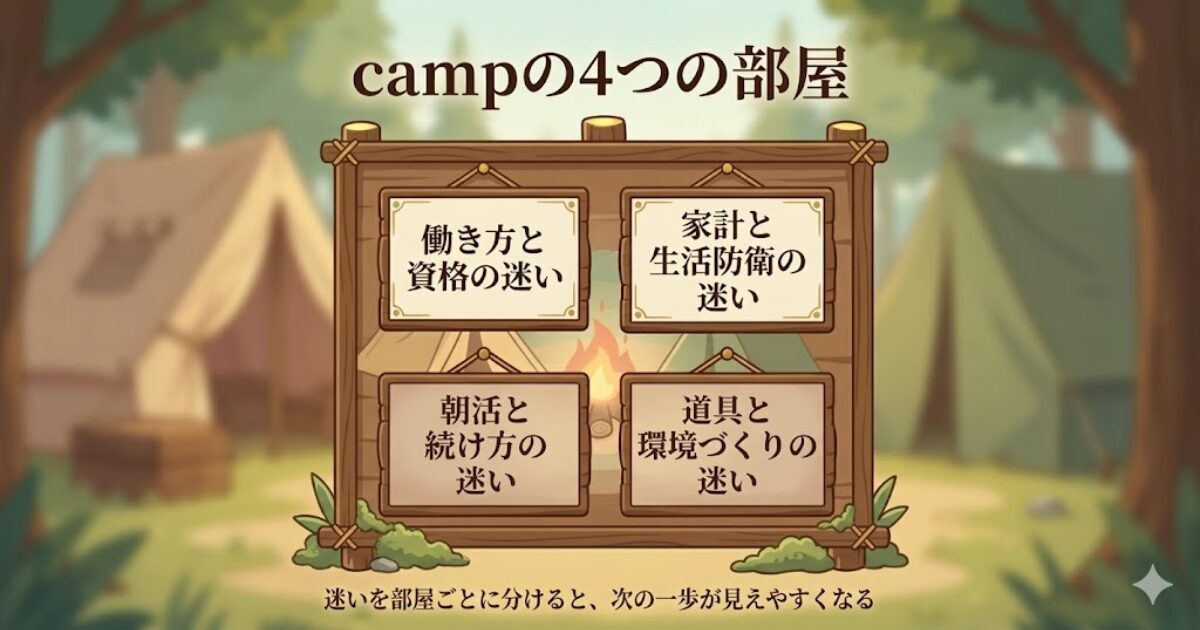 campの4つの部屋を木枠の案内板で整理し、迷いを分類して示した挿入画像