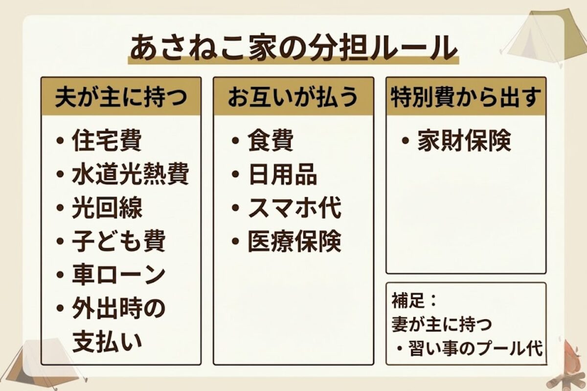 夫婦別財布における生活費・固定費・特別費の分担を、夫が主に持つもの、お互いが払うもの、特別費から出すもの、妻が主に持つ補足に分けて整理した図解