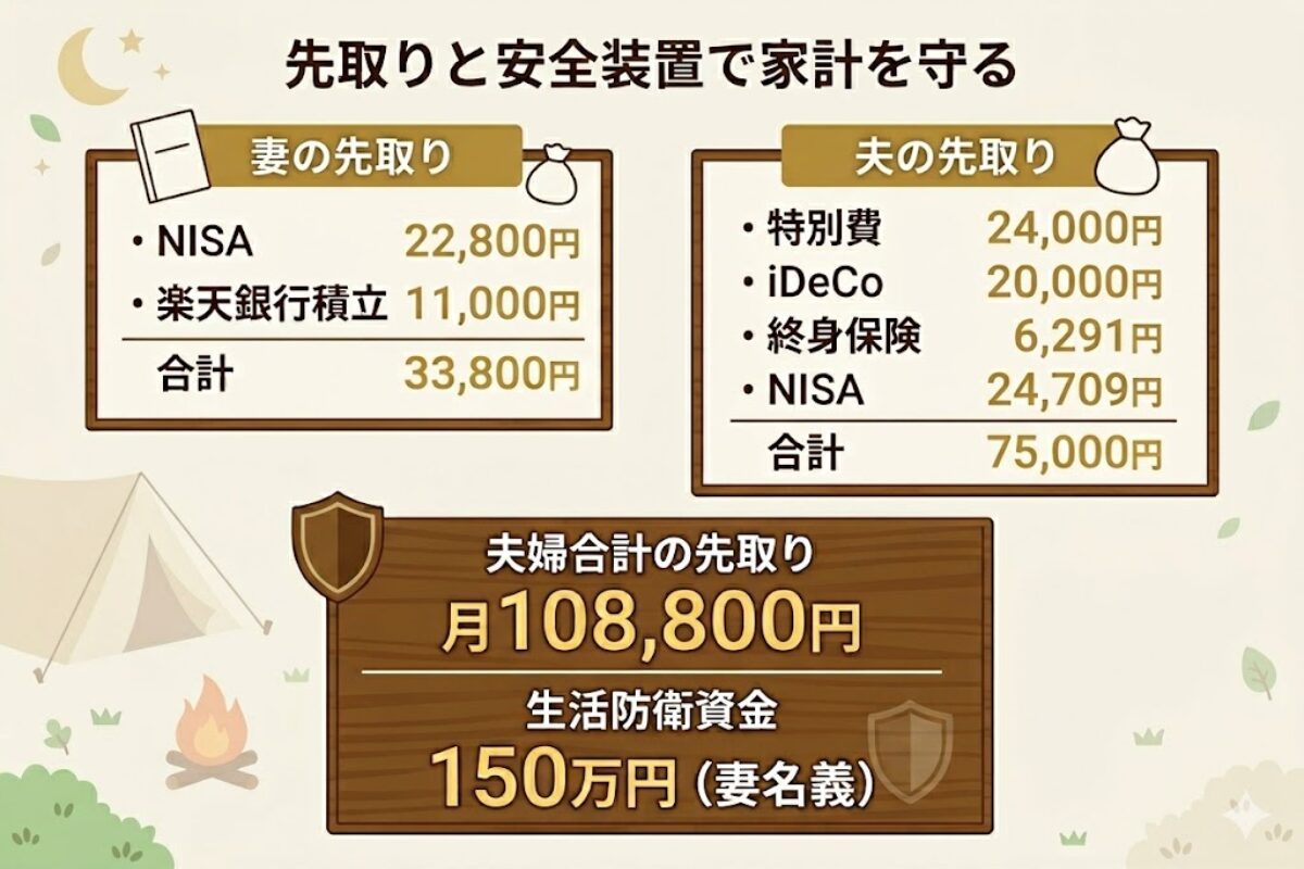 夫婦別財布でも家計が回る理由として、妻と夫の先取り額、夫婦合計の先取り額、生活防衛資金を整理して示した図解