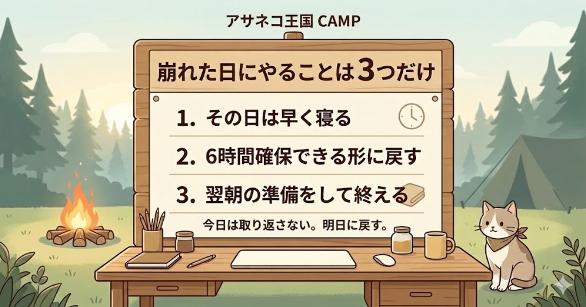 焚き火のある静かなキャンプ風景の中で、崩れた日にやることを3つに整理したチェックリスト風の挿入画像