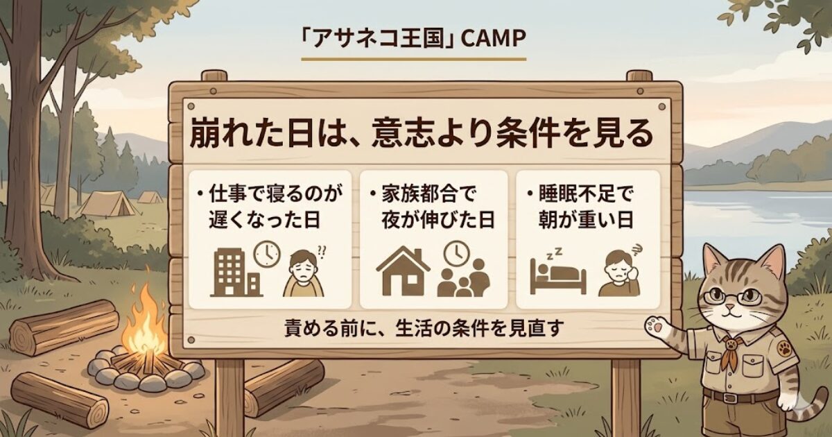 焚き火のある静かなキャンプ風景の中で、朝活が崩れる理由を『仕事・家族都合・睡眠不足』の3つで整理した挿入画像