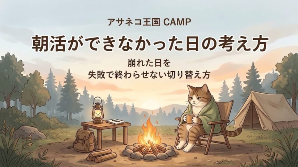 朝のキャンプ場で焚き火のそばに座る猫とともに、「朝活ができなかった日の考え方」と書かれたアイキャッチ画像