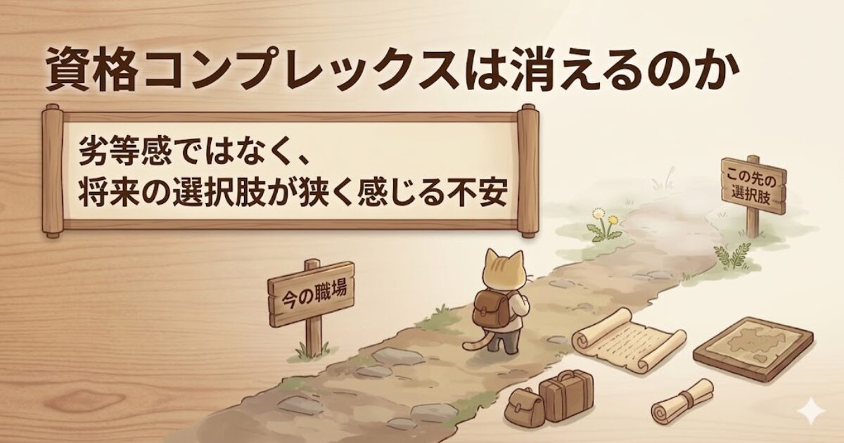 今の職場から先の選択肢へ続く道を前に、旅人猫が立っている挿入画像。資格コンプレックスの正体を表している。