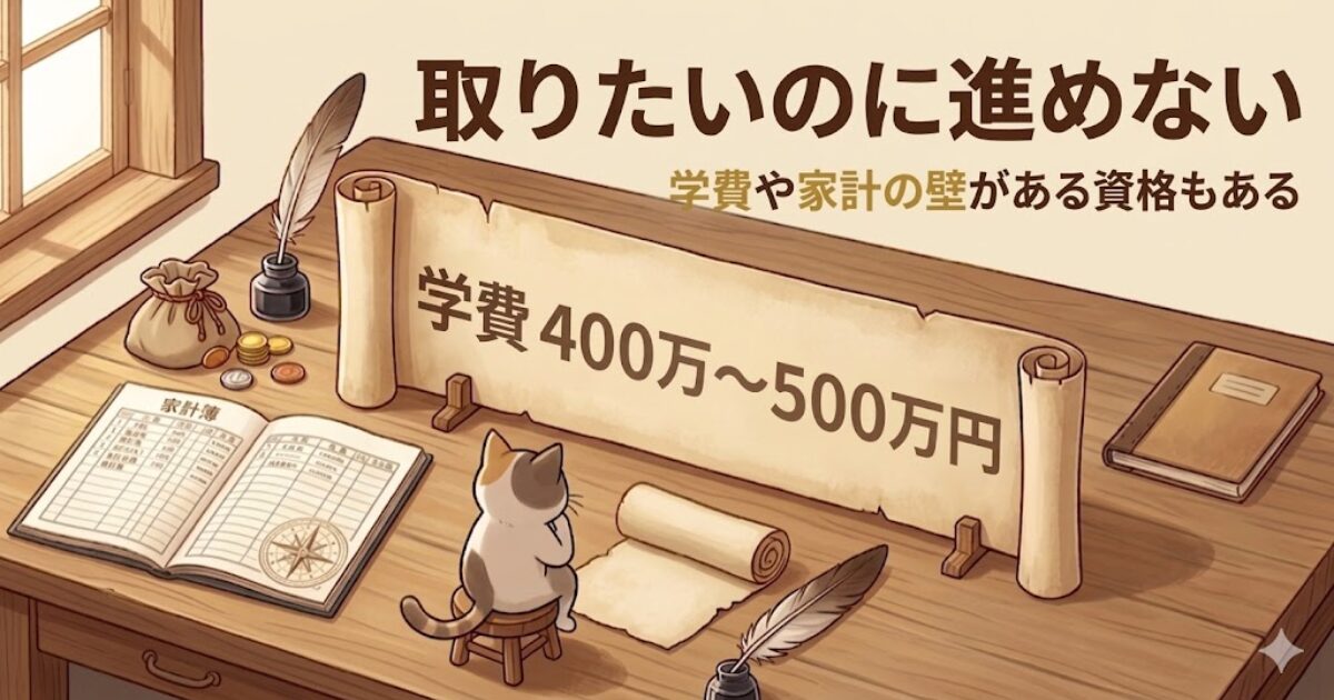 机の上に家計簿や巻物が置かれ、学費400万〜500万円という壁を示した挿入画像。