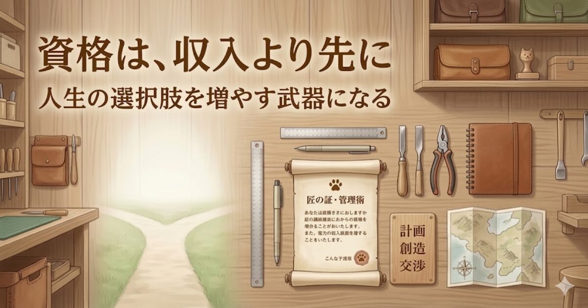 工房のような空間に資格証書や仕事道具が整然と並び、資格が人生の選択肢を増やす武器になることを表した挿入画像。