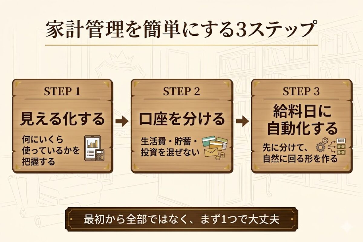 見える化・口座分け・給料日自動化の3ステップで家計管理の流れを整理した図解