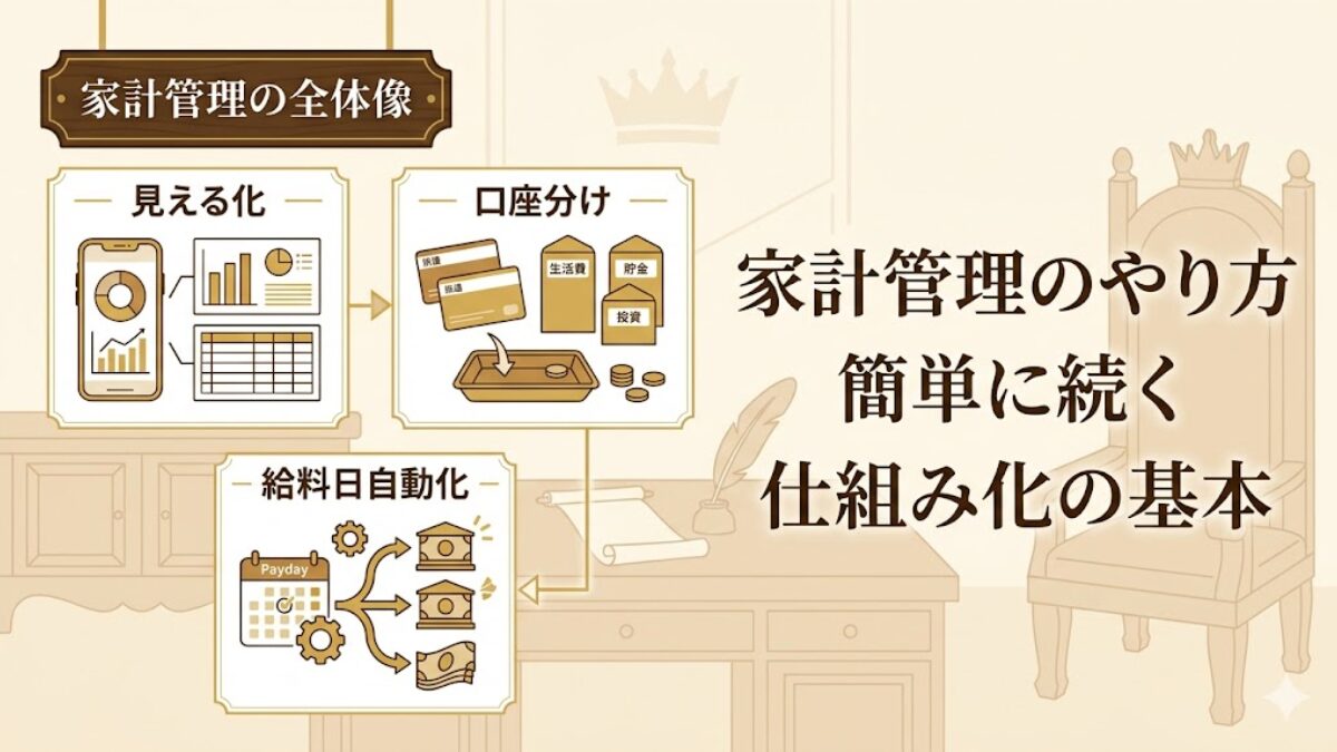 見える化・口座分け・給料日自動化の3要素で家計管理の全体像を示した王様の間風のアイキャッチ