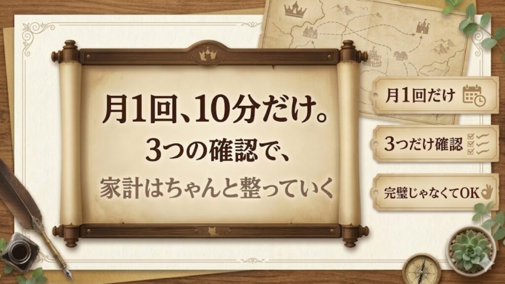 月1回10分だけ、3つの確認で家計を整える王様の会議を表現した文字入りアイキャッチ画像