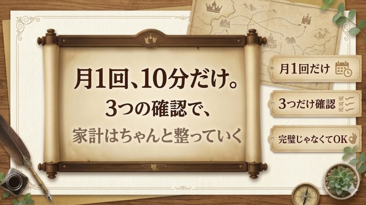 月1回10分だけ、3つの確認で家計を整える王様の会議を表現した文字入りアイキャッチ画像