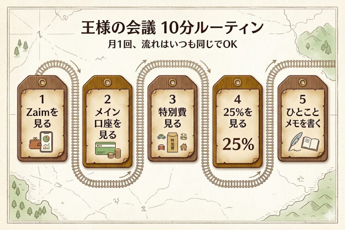 王様の会議を5ステップで進める月1回の10分ルーティンを示した文字入りフロー図