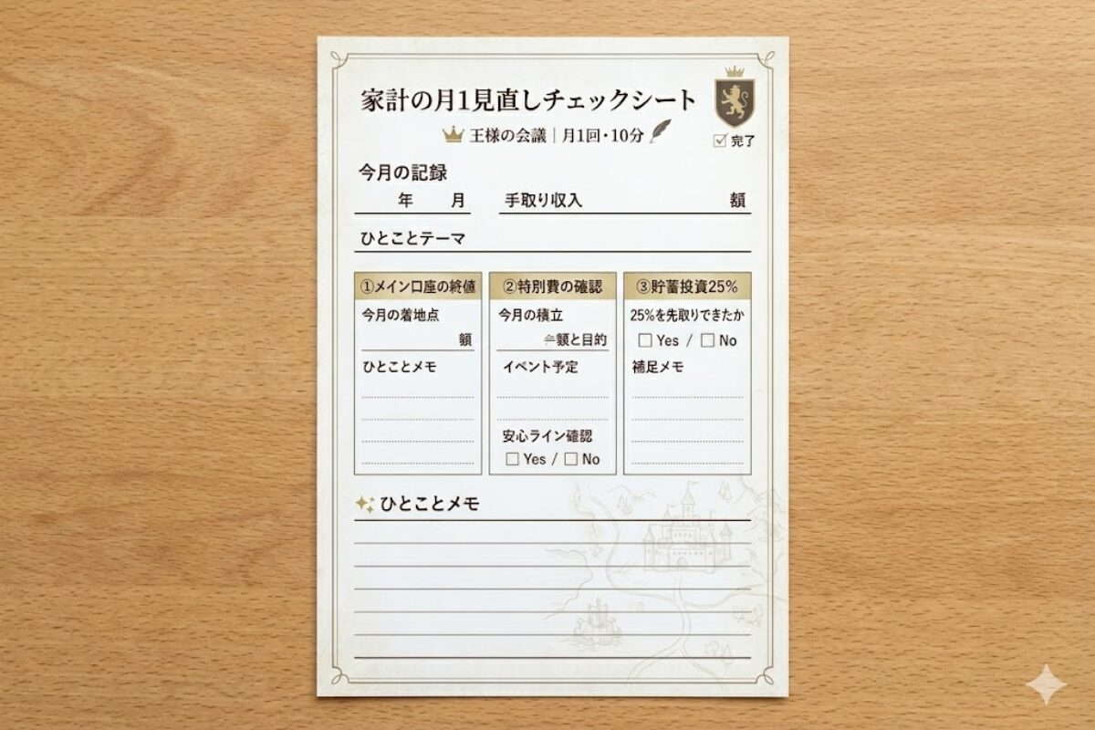 メイン口座、特別費、貯蓄投資25％の3項目を確認できる家計の月1チェックシート