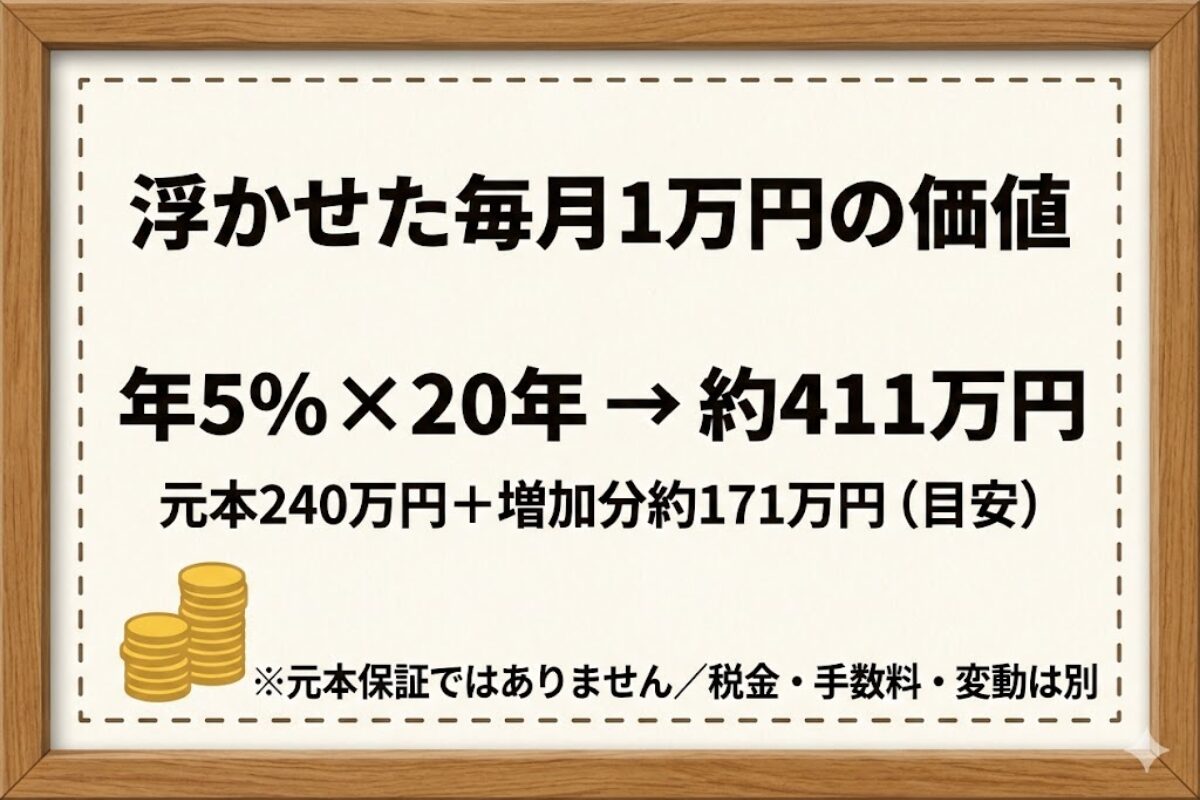 毎月1万円の余白を積み立てた場合の将来イメージ（年5%で20年）