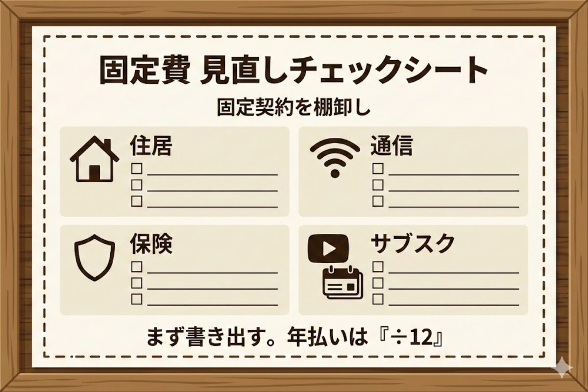 固定契約を棚卸しするチェックシートの図（住居・通信・保険・サブスク）