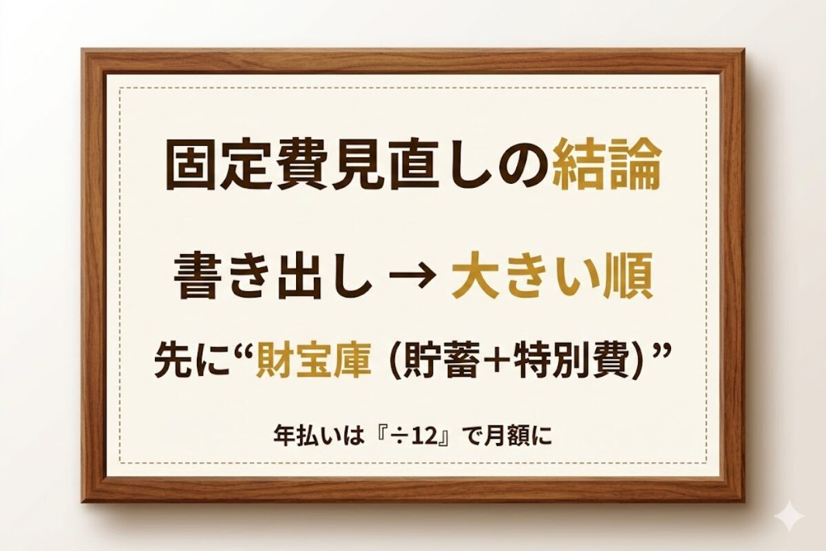 固定費見直しの結論カード（書き出し→大きい順→財宝庫を先に）