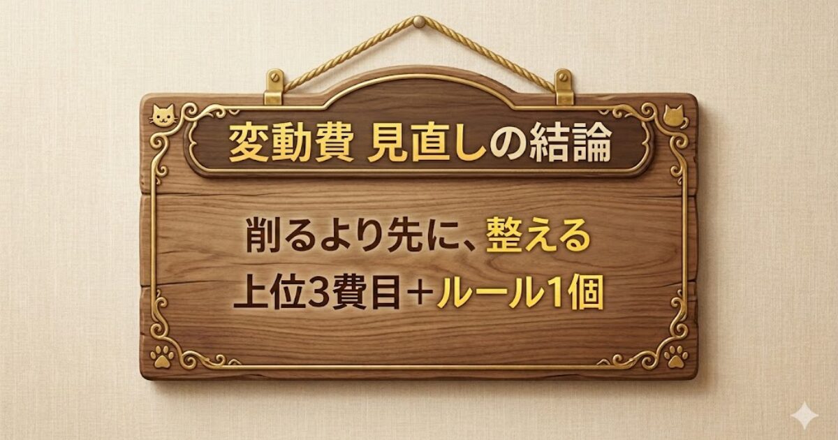変動費見直しの結論を示すカード（上位3費目＋ルール1個）