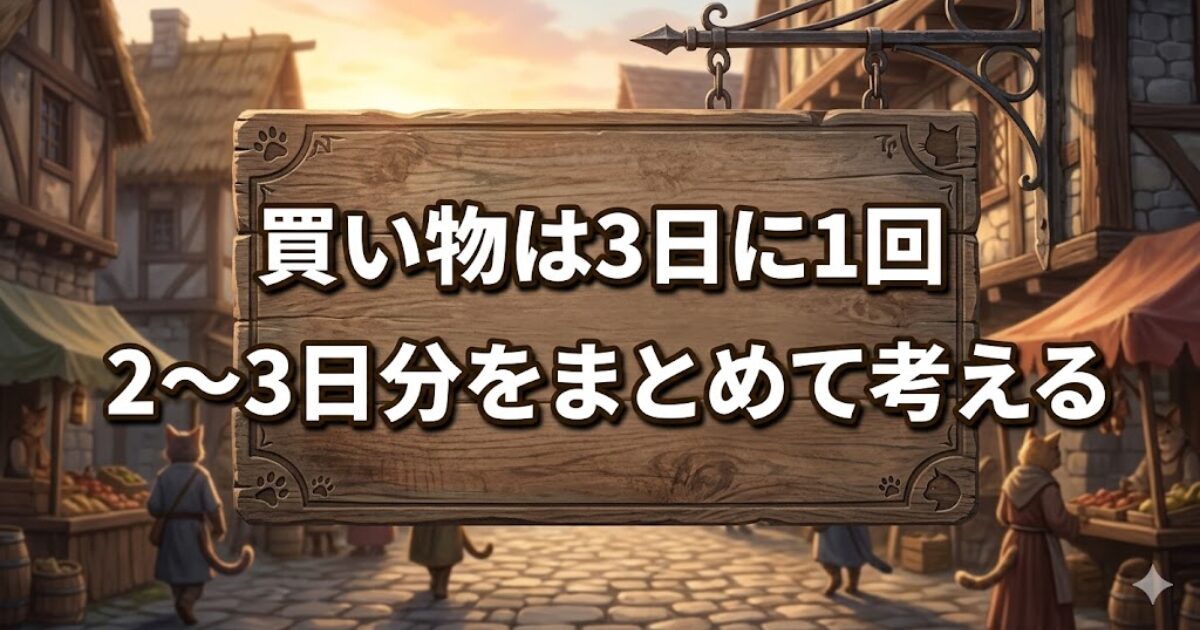 買い物は3日に1回にして、2〜3日分をまとめて考えるルールを示す看板