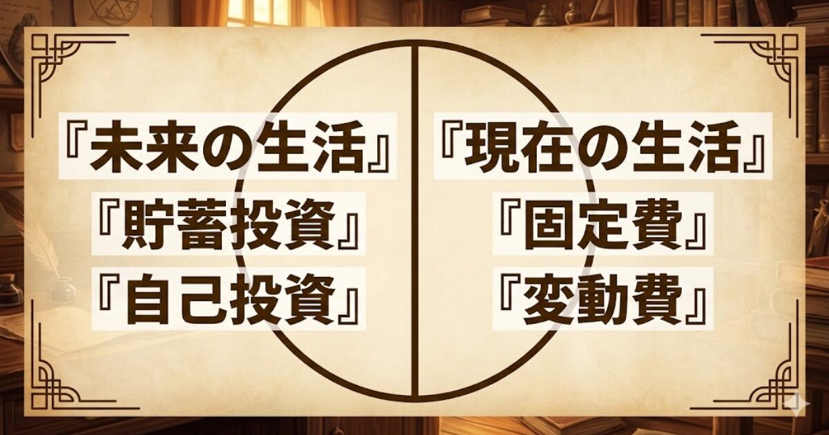 QGSを左右に分けて「現在の生活」と「未来の生活」を示す図