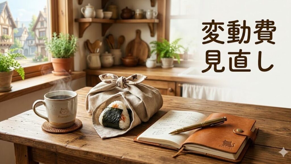 朝の机におにぎりと手帳が置かれた、変動費見直しのアイキャッチ