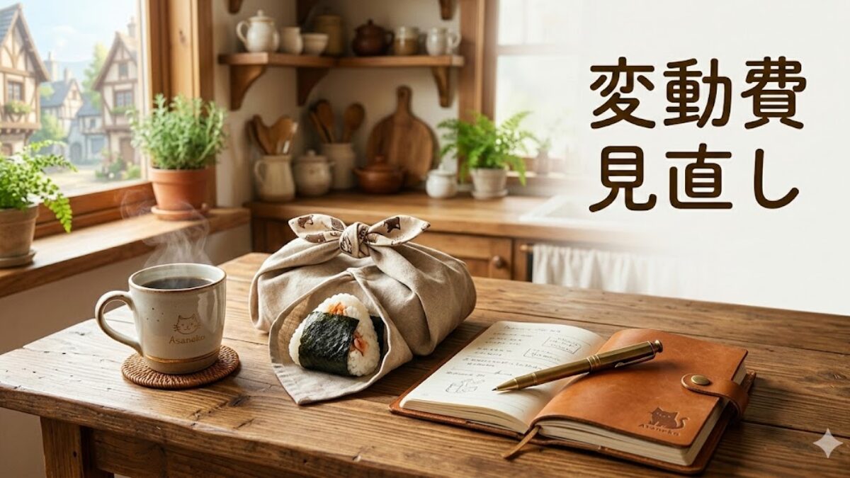 朝の机におにぎりと手帳が置かれた、変動費見直しのアイキャッチ