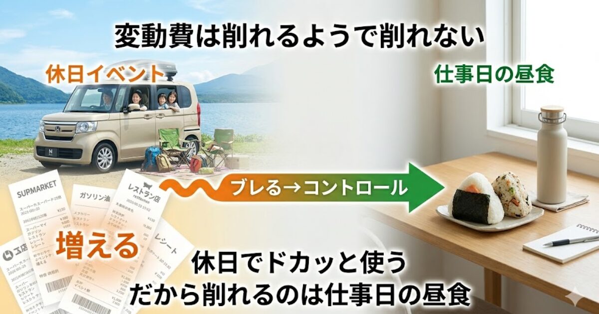 休日支出は増えやすく、平日昼食はコントロールしやすいことを示す図