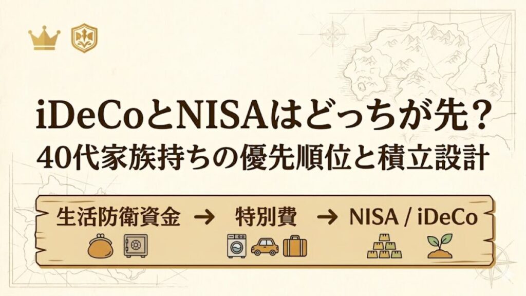 iDeCoとNISAの優先順位を、40代家族持ちは生活防衛資金、特別費、NISA・iDeCoの順で考えることを示した王国風アイキャッチ