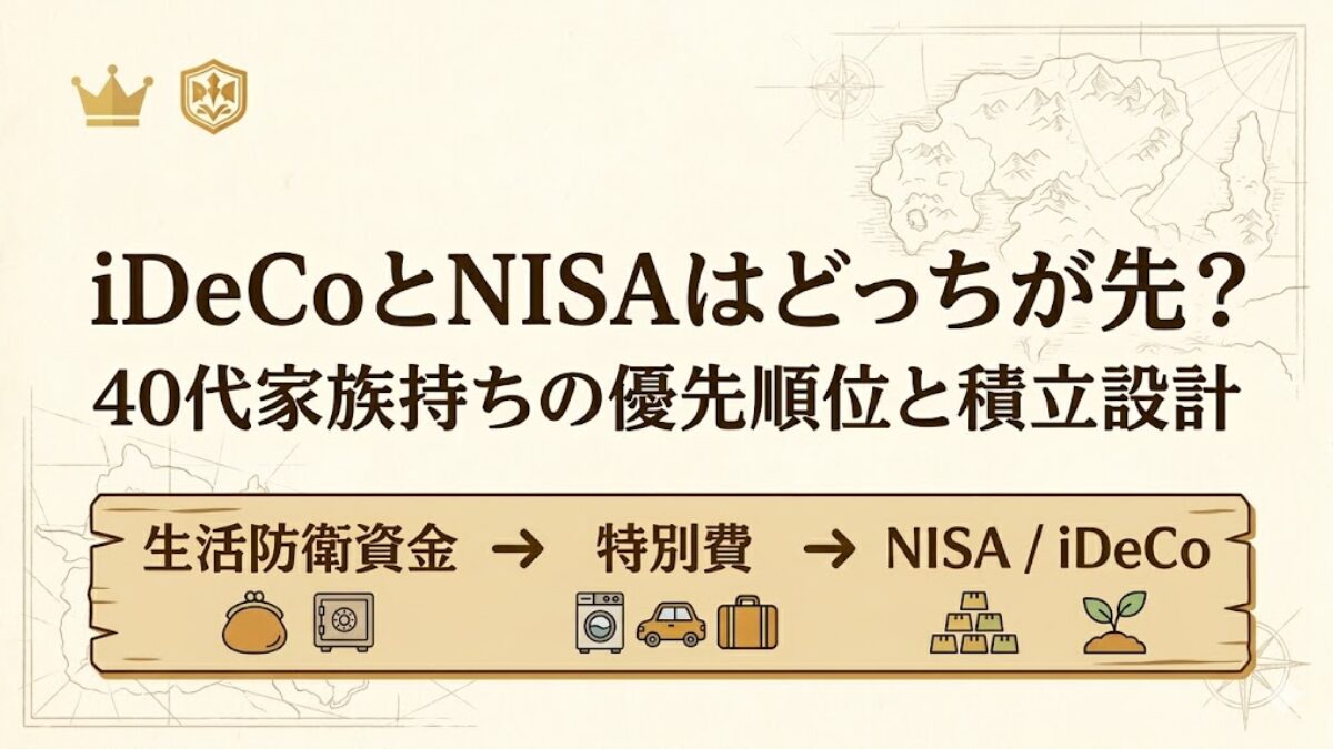 iDeCoとNISAの優先順位を、40代家族持ちは生活防衛資金、特別費、NISA・iDeCoの順で考えることを示した王国風アイキャッチ