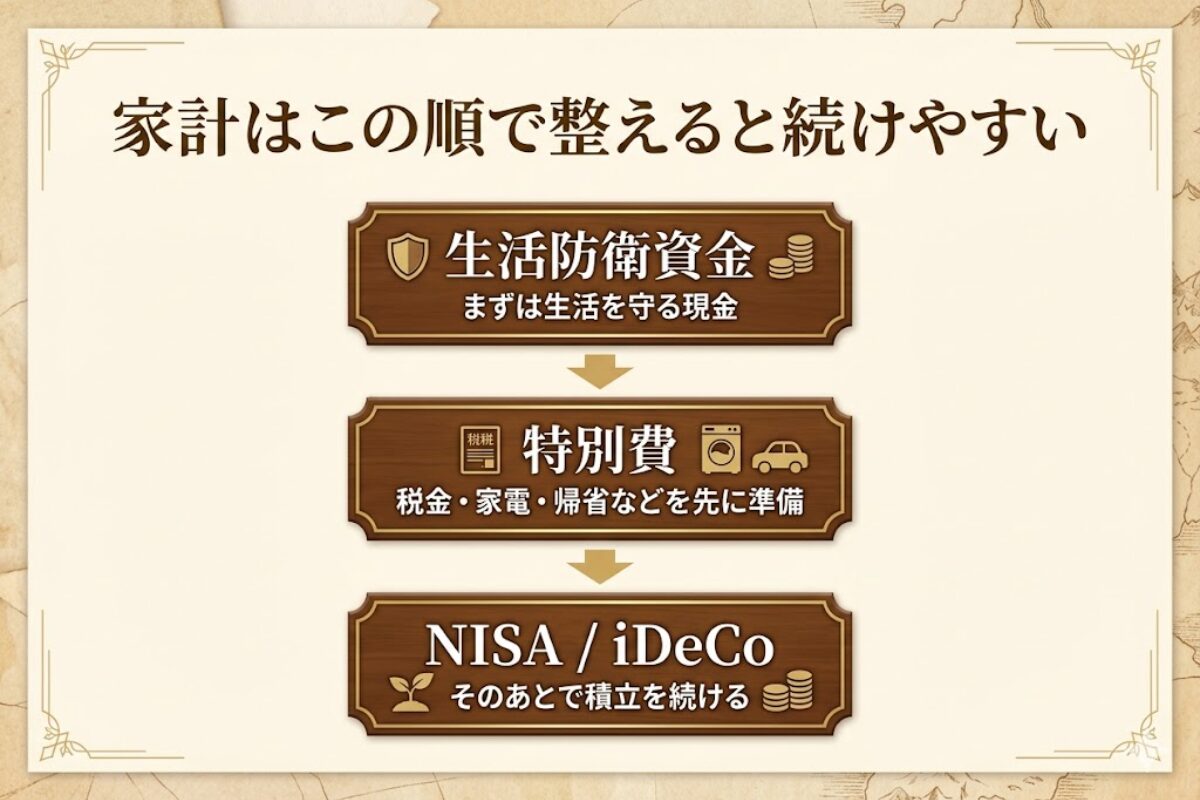 40代家族持ちの家計は、生活防衛資金、特別費、NISA・iDeCoの順で整えると続けやすいことを示した王国風の順番図解