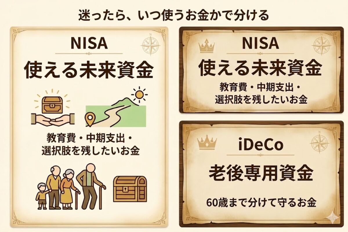 NISAは使える未来資金、iDeCoは老後専用資金として役割で分ける考え方を、上下2段カードで示した王国風の要点画像