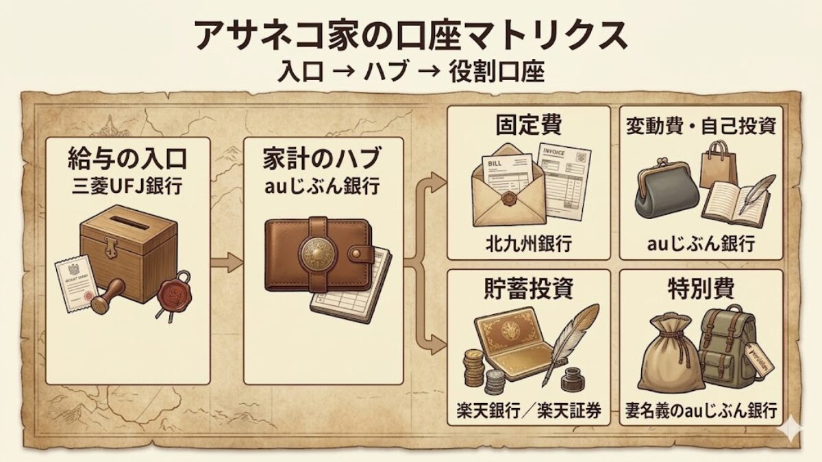 アサネコ家の口座マトリクス。三菱UFJ銀行を給与の入口、auじぶん銀行を家計のハブとして使い、固定費・変動費と自己投資・貯蓄投資・特別費に役割ごとに分けている図